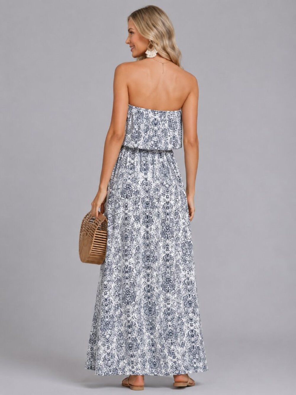 Women’s Blue White Porcelain Boho Strapless Ruffle Maxi Dress Beach Vacation - Picture 2 of 3